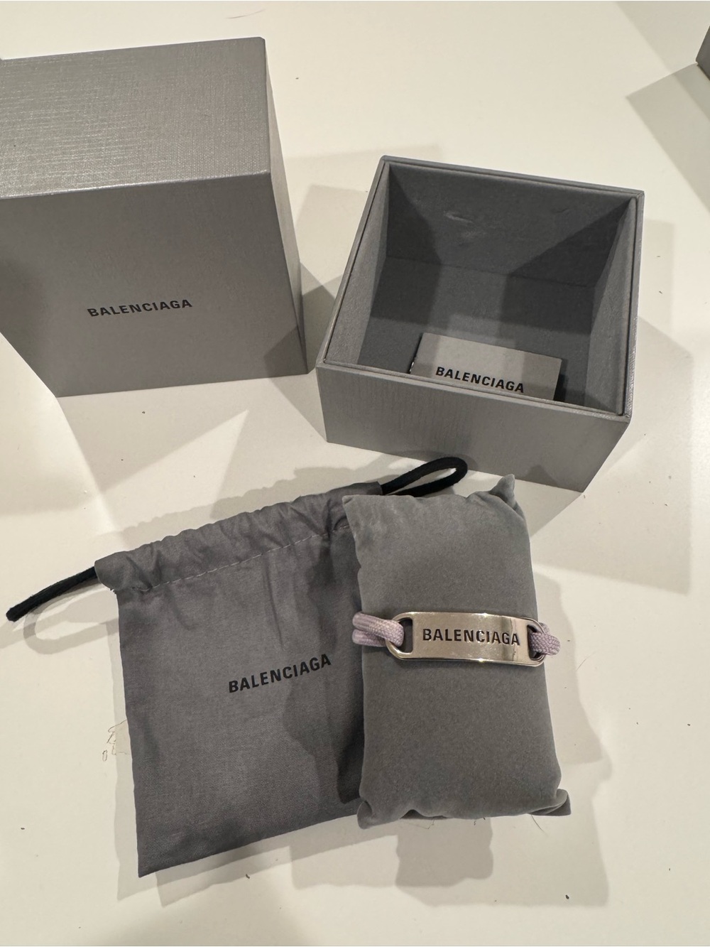 Balenciaga Silver Logo Plaque Bracelet with Lilac Cord